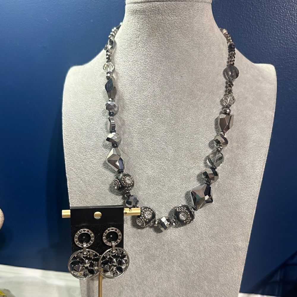 Handcrafted Black Glass Crystal & Rhinestone One of a Kind Necklace + Earrings - Picture 2 of 7